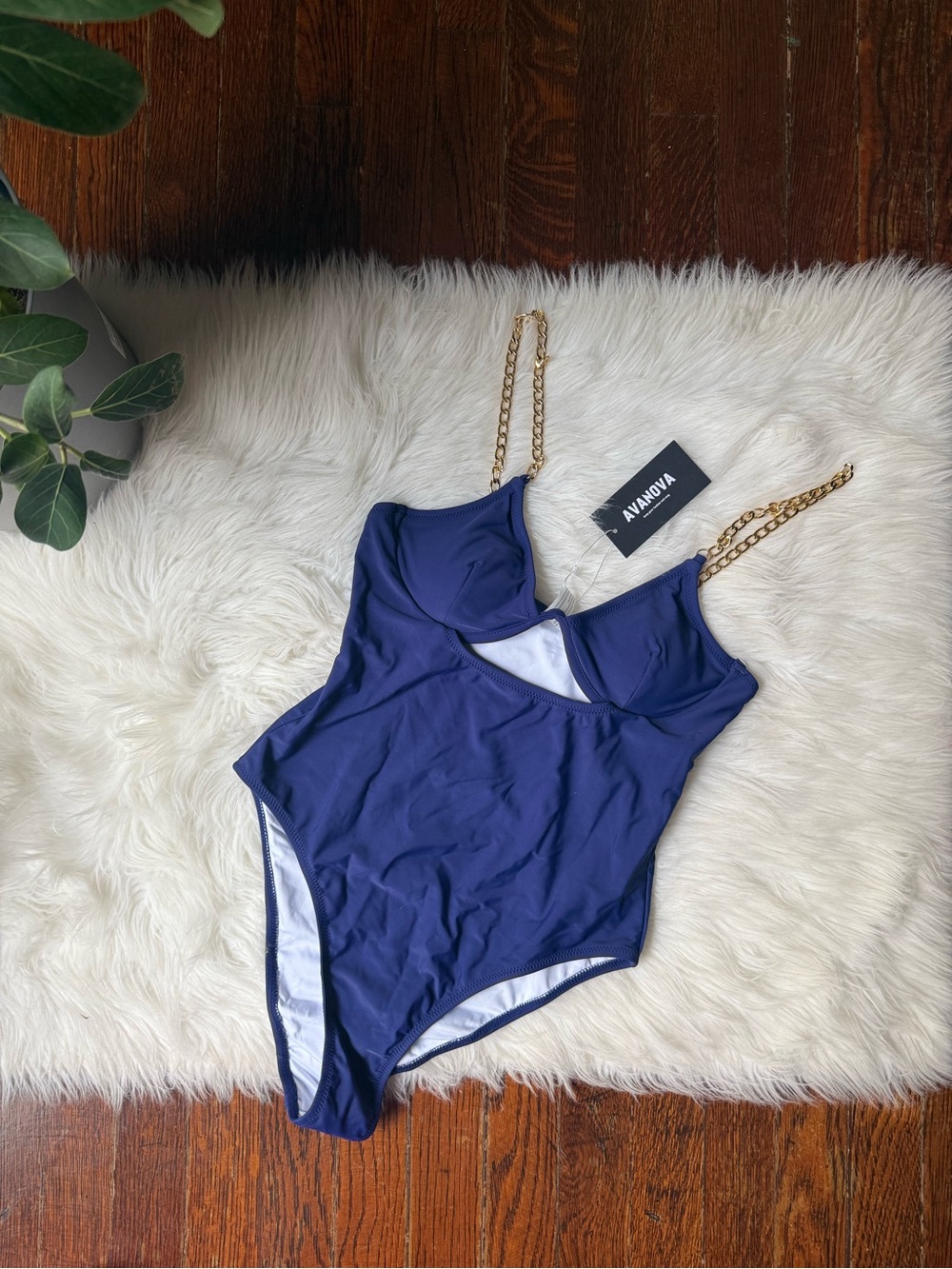 Avanova Navy One Piece Swimsuit Gold Chain Cut Out Underwire NWT S